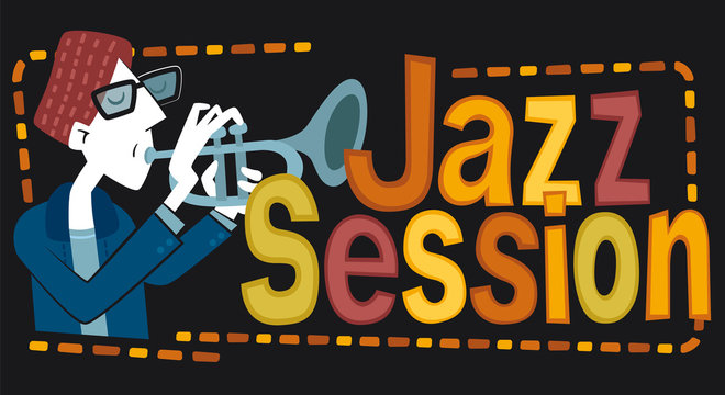 Jazz session, trumpet. Retro style illustration of a man playing the trumpet. Next to it, the phrase “Jazz Session” is written.