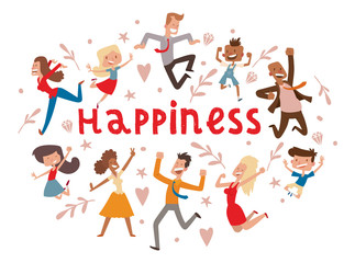 Fototapeta na wymiar Happy people vector jumping woman or man character in activity of happiness and freedom illustration backdrop of adults smiling men and women jump energy background