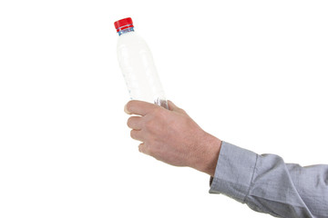 Man hand holding a bottle of water isolated white background