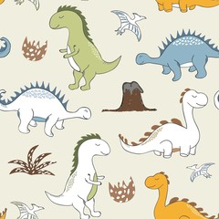 childish dinosaur seamless pattern for fashion clothes, fabric, t shirts. hand drawn vector