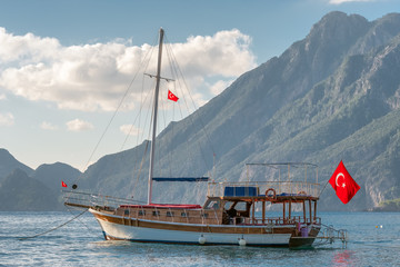 Traditional Turkish ship in Cirali bay on Mediterranean coast, Turkey