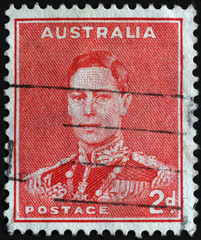 Stamp printed in Australia shows portrait of King George VI (1895-1952), serie, circa 1938.