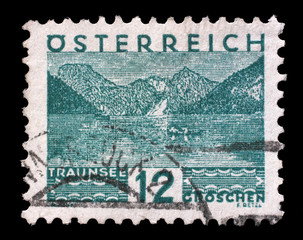 Stamp printed in Austria shows Traunsee, Upper Austria, circa 1932.