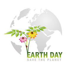 earth day save the planet globe with plants and flowers vector illustration EPS10