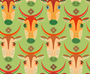 Cartoon cows with big eyes and watermelon peel on the head. Seamless pattern with cows. Children's room, office supplies, fabric, soft furniture, paper, wallpaper and other your fantasy. Vector