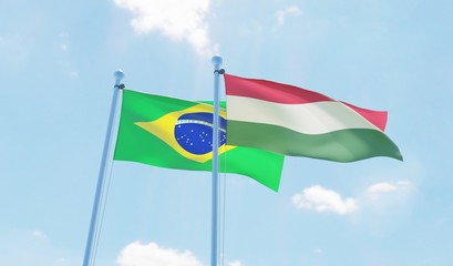 Hungary and Brazil, two flags waving against blue sky. 3d image