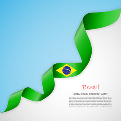 Vector banner in white and blue colors and waving ribbon with flag of Brazil. Template for poster design, brochures, printed materials, logos, independence day. National flags