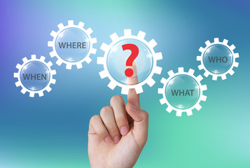 Hand pushing question mark icon with question words on touch screen