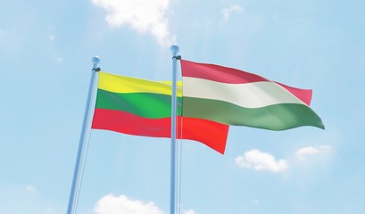 Fototapeta na wymiar Hungary and Lithuania, two flags waving against blue sky. 3d image