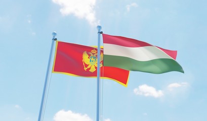 Hungary and Montenegro, two flags waving against blue sky. 3d image
