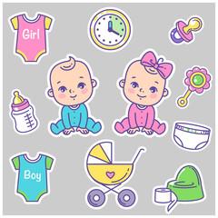 Vector collection of baby icons, stickers. Little baby girl and boy. Toys, stroller, potty, clothes, bottle. Child health and development icons for website, blog, package. Vector color illustration.
