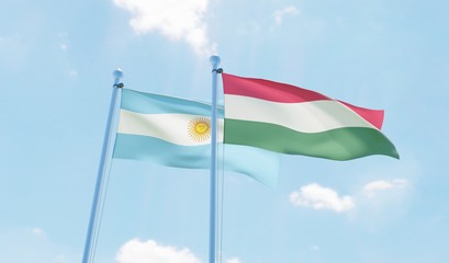 Hungary and Argentina, two flags waving against blue sky. 3d image
