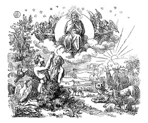 Vintage antique illustration and line drawing or engraving of biblical God and angels flying above the animals and Adam and Eve in Garden of Eden after the creation of the world.Genesis 1-2. - obrazy, fototapety, plakaty