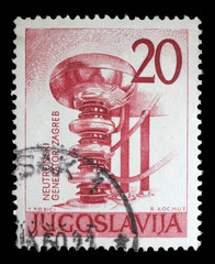 Stamp issued in Yugoslavia shows Neutrons Generator, he First National Nuclear Energy Trade Show...