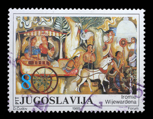 Stamp issued in Yugoslavia shows Royal Procession by Iromie Wijewardena,     Paintings in the Josip...