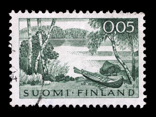 Stamp printed by Finland, shows Landscape with Lake and Rowing Boat, circa 1961.