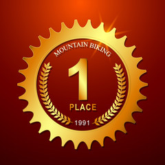 Mountain biking awar with bike gear. Golden bicycle chain ring award. Bicycle contest award. 