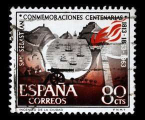 Stamp issued in Spain shows 150th Anniversary of San Sebastian, circa 1963.