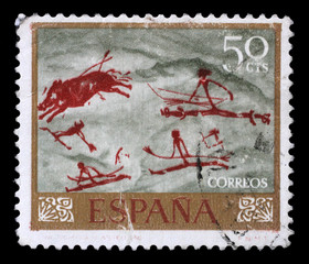 Stamp issued in Spain shows Cave paintings, Homage to the Unknown Painter, circa 1967.