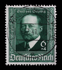 Stamp issued in German Realm shows Emil von Behring, 50th Anniv of Development of Diphtheria Antitoxin, circa 1940.