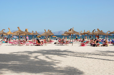 Sandy beach with chairs and umbrellas. In the foreground shadows from palm trees. Alcudia, Mallorca, Spain.