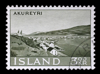 Stamp issued in Iceland shows Akureyri, Landscapes serie, circa 1963.