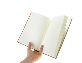 One Hand Holding an Empty Book isolated on White Background.