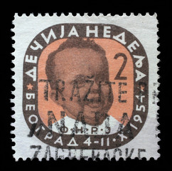 Stamp issued in Yugoslavia shows Head of an infant, Children's Week, circa 1954.