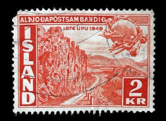 Stamp issued in Iceland shows the 75th Anniversary of the Universal Postal Union, circa 1949.