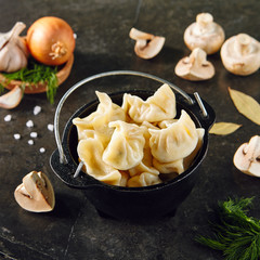 Dumplings Jiaozi, Dimsum, Momo or Ha Gao on Dark Background