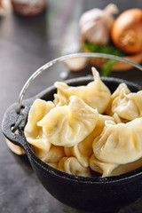 Dumplings Jiaozi, Dimsum, Momo or Ha Gao on Dark Background