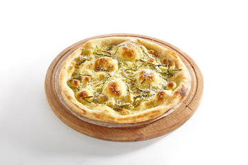 Thin Crispy Focaccia with Mozzarella, Rosemary, Grated Parmesan Cheese, Butter, Greens, Basil Oil