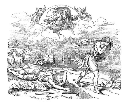 Vintage antique illustration and line drawing or engraving of biblical Cain who murdered his brother Abel. Genesis 4:1-18.