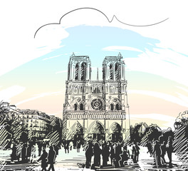 Sketch of Notre Dame Cathedral in Paris, Hand drawn illustration - obrazy, fototapety, plakaty
