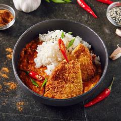Hot Spicy Crispy Fried Pork Fillet with Curry and Rice on Dark Background