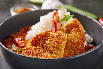 Hot Spicy Crispy Fried Pork Fillet with Curry and Rice on Dark Background