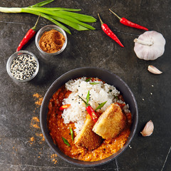 Hot Spicy Crispy Fried Chicken Fillet with Curry and Rice on Dark Background