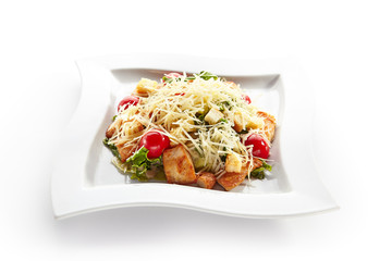 Caesar Salad with Shrimps, Croutons, Tomatoes, Cucumbers