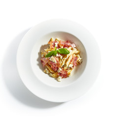 Italian Penne Pasta with Bacon and Blue Cheese Top View