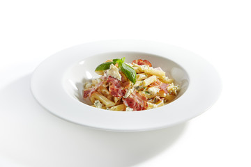 Italian Penne Pasta with Bacon and Blue Cheese Close Up