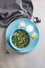 Traditional Russian Summer Cold Soup Okroshka Made of Diced Vegetables and Meat