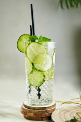 Homemade Cucumber and Lime Lemonade or Refreshing Mojito in Crystal Glass