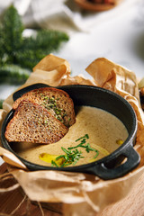 Mushroom Cream Soup with Herbs and Spices Close Up