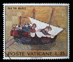 Stamp issued in Vatican shows Translation of St. Mark, mosaic (XIII century), St. Mark Basilica,...
