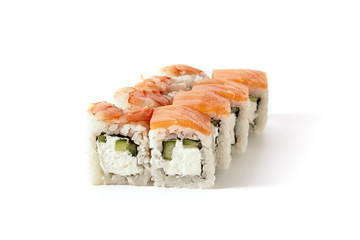Salmon and Shrimps Sushi Roll with Cucumber and Cream Cheese Inside
