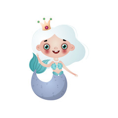 Cute mermaid girl with white hair and crown on head isolated on white background