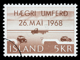 Stamp issued in Iceland shows Introduction of Traffic on the Right Side of the Road, circa 1968.