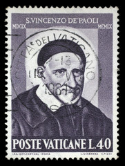 Stamp issued in Vatican shows Saint Vincent de Paul, 3rd centenary of birth, circa 1960.