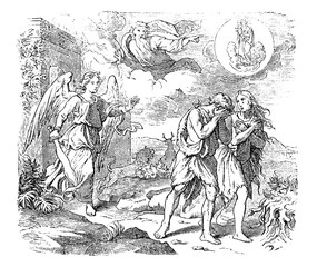Vintage antique illustration and line drawing or engraving of biblical Adam and Eve leaving Garden of Eden. Expulsion from paradise by angel or cherubim with flaming sword.Genesis 3:24. - obrazy, fototapety, plakaty