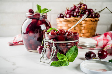 Homemade cherry and mint jam